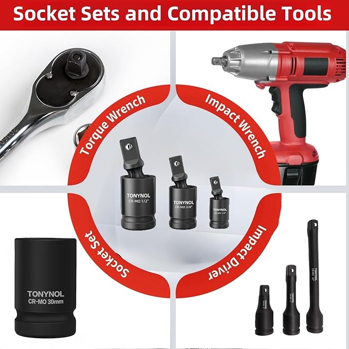 3 Pcs Universal Joint Swivel Socket Adapter Set 1/4",3/8"& 1/2"Drivers,U-Joint Drive CR-MO Impact Grad Wobble Socket Wrench Set。