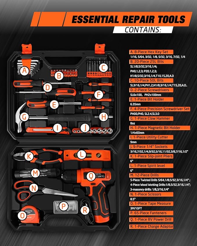 139-Piece Tool Set - Tool Kit with 8V Cordless Drill Driver in ToolBox Storage Case, General Household Drill Set for Home Repairs, Handyman, DIY Projects
