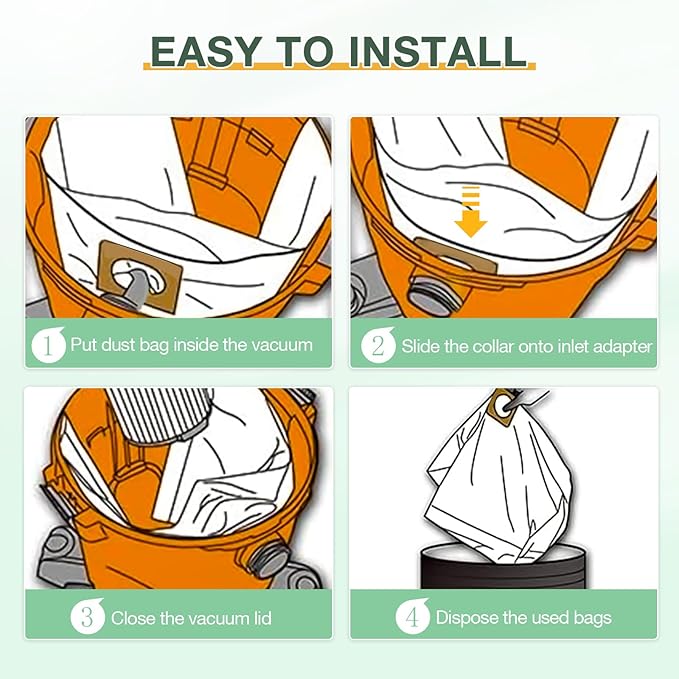 8PCS 10-14 Gallon Vacuum Bags for Shop Vac Bags, Disposable Wet Dry Vaccum Collection Bags Replace Part Type I #90672 9067200, Type F #90662 9066200 9066233, VF2005 (White)