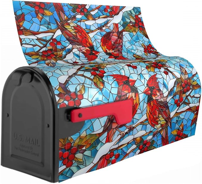 Giwawa Winter Cardinal Bird Mailbox Covers Red Birds on Holly Berry Branches Snow Mail Box Cover Magnetic Standard Size 18 x 21 Stained Glass Christmas Mailbox Wrap Holiday Mailbox Xmas Decorations