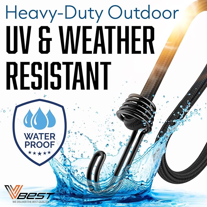 Strong Long Bungee Cords Heavy Duty Outdoor - 6 Pieces Set of Large Bungee Cords with Hooks 60 Inch - 5 ft Black Bungie Chords UV & Weather Resistant