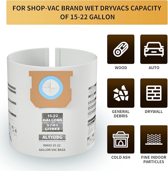 for Shop Vac Bags 15-22 Gallon, Type G 90663 9066300; Type J 90673 9067300 and VF2008 High-Efficiency Disposable Dust Collection Vacuum Filter Bags 5 Pack