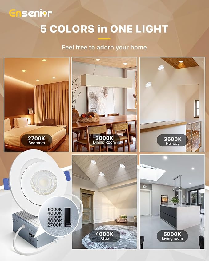 Ensenior 12 Pack 4 inch Gimbal Led Recessed Light with Junction Box, 90° Adjustable Directional Eyeball Lighting, Dimmable, 2700K/3000K/3500K/4000K/5000K, 900LM, 9W=100W-FCC Certified