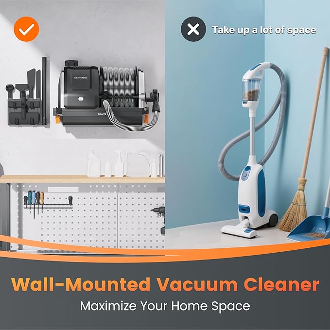 Giraffe Tools Grandstorm Retractable Vacuum Cleaner with 30 FT+ 1 FT Hose Wall Mounted, Wet Dry Vacuum Cleaner with 6 Nozzles for Car Detailing Normal Version, Grey (No Remote Control Funtion)