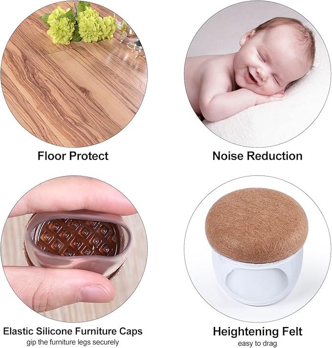 Ezprotekt 24 Pcs Clear Silicone Chair Leg Floor Protectors with Felt, Floor Protectors for Chairs, Chair Leg Caps Covers, Chair Leg Socks Bar Stool Leg Floor Protectors (L Fit: 1.1"-1.3", Round)