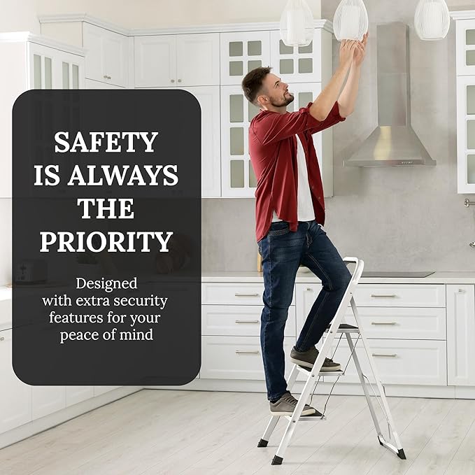 Lifetime Home 3-Step Ladder with Wide Anti-Slip Platform & Thick Rubber Feet - Lightweight Heavy Duty Foldable & Portable - 330 lbs Capacity, Steel Frame, Rubber Handgrip, Folding Step Stool - White