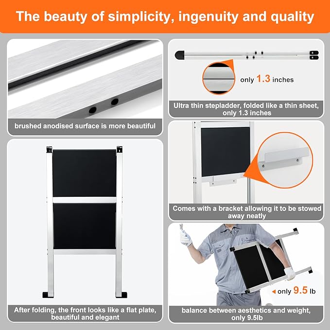 2 Step Ladder,Aluminum Ultra Thin Folding Step Stool,400 Lbs Capacity with Anti-Slip Sturdy and Wide Pedal,Closet Step Ladder for Home,Kitchen and Office,Space Saving (Silvery White, 2-Step)