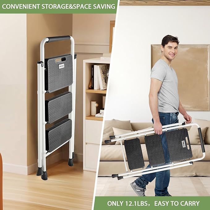 3 Step Ladder, Folding Step Stool 500 Lbs Capacity for Adults & Kids, Heavy Duty Steel Sturdy Step Ladder with Non Slip Wide Pedals, Space Saving Step Stool for Home Kitchen Office, White