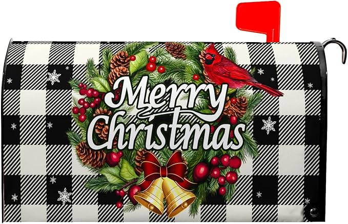 Merry Christmas Mailbox Covers Magnetic Large Size Winter Buffalo Plaid Mailbox Post Cover Oversized Xmas Snowflake Mailbox Wraps Holiday Mailbox Decor Waterproof 25.5 X 21 Inch
