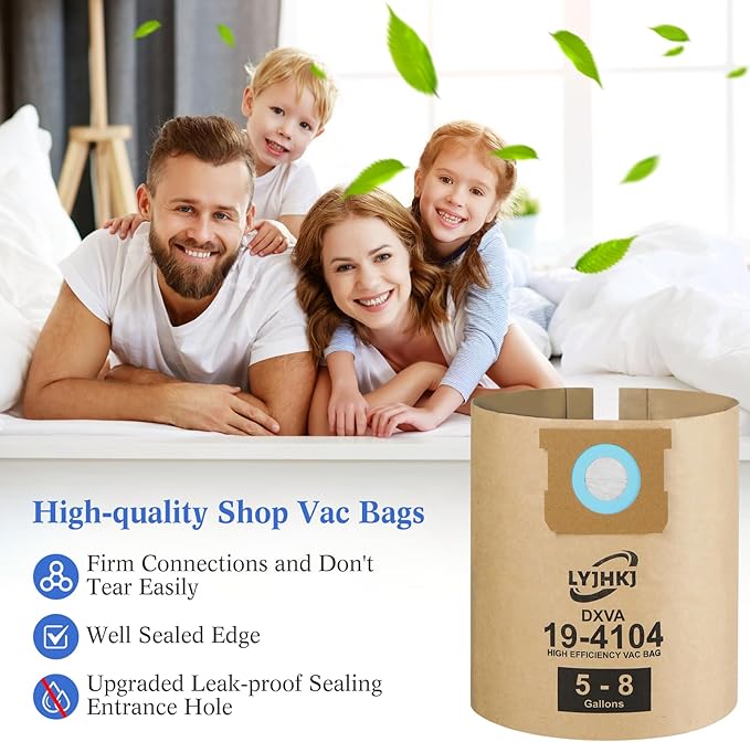 9 Pack DXVA19-4104 Vacuum Bags for DEWALT 5 to 8 Gallon Wet/Dry Vacuum, Disposable Shop Vac Bags, Dust Collection Bag Replacement