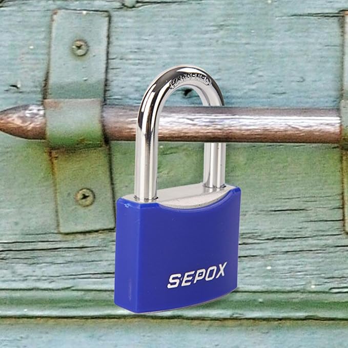 SEPOX® 3 Pcs 2" Large Padlock All-Weather Outdoor Pad Locks Keyed Alike, Long Shackle, Solid Steel Lock, Heavy-Duty with Blue Cover, for Gate Fence Cabinet Toolbox School Gym Locker, 3pcs Same Key