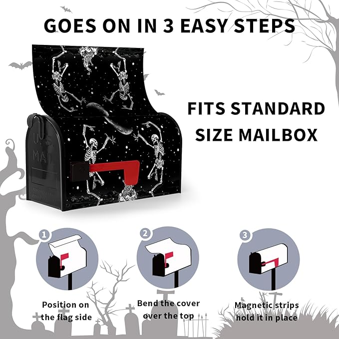 Halloween Skull Mailbox Cover Dancing Human Skeleton Mailbox Covers Magnetic Standard Size 21x18 Inch Moon Black Post Letter Box Wraps for Garden Outdoor Decorations