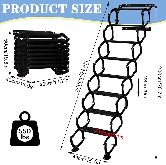 8 Steps Wall Mounted Attic Ladder, Indoor Attic Stairs Pull Down System, Metal Telescoping Step Ladders, Anti-Slip Retractable Folding Stair, Loft Extension Steps Staircase (White, 8 Steps)