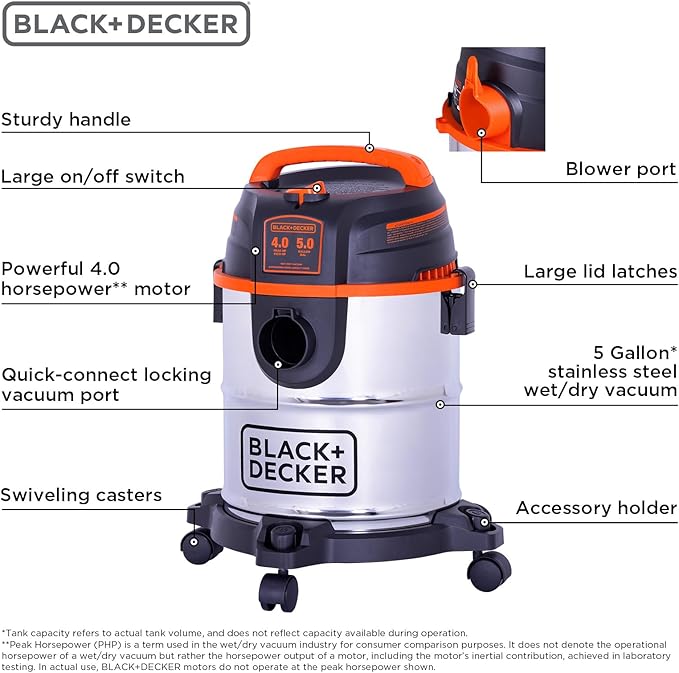 BLACK+DECKER Shop Vacuum Wet and Dry, 5 Gallon 3-in-1 Stainless Steel Shop Vac with Accessories, 4 HP Vacuum Cleaner, for Workshop, Home, Garage and Pet, BDXV18143