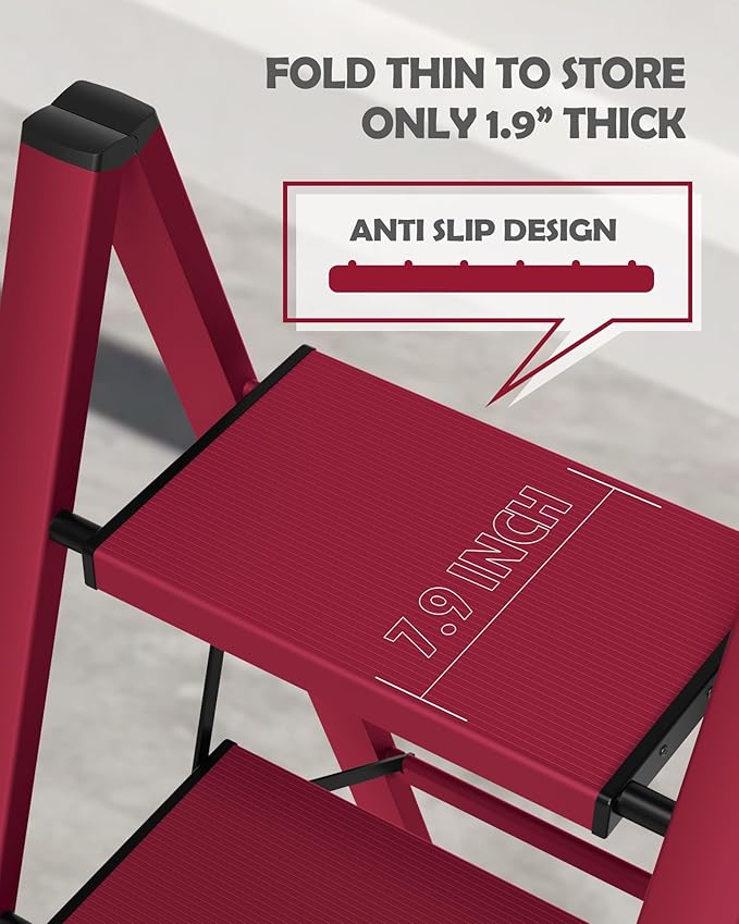 Taranta 2 Step Ladder,Aluminum Lightweight Folding 2 Step Stool with Anti-Slip Wide Pedal,330lbs Capacity Step Ladder for Household,Kitchen,Office - Red