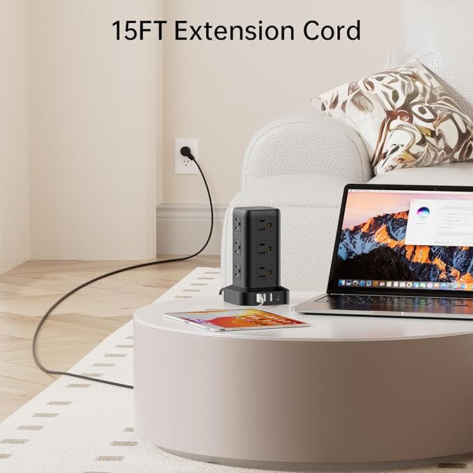 PD20W Surge Protector Power Strip Tower, 15FT Extension Cord with Multiple Outlets, 12 AC 4 USB (1 USB C),Mini Power Strip with USB Ports, Surge Protector Tower Overload Protection for Office, Desk