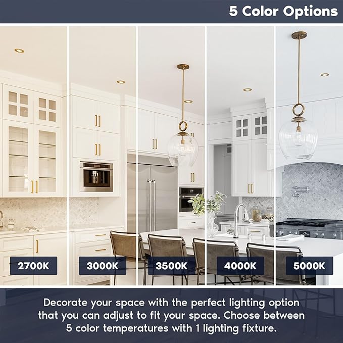 LUXRITE 4 Inch Ultra Thin LED Recessed Light with J-Box, 10W, 5 Color Options 2700K | 3000K | 3500K | 4000K | 5000K, Dimmable Wafer Lights, 750 Lumens, Brass Trim, Energy Star, IC Rated (4 Pack)