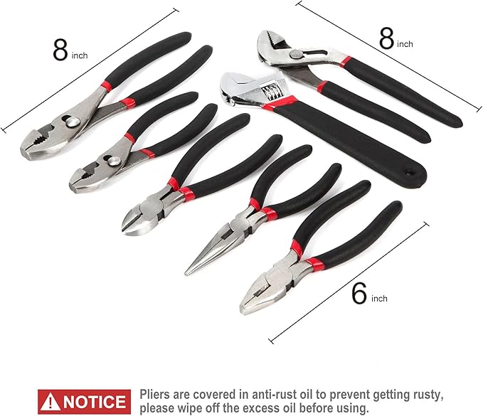 FASTPRO 7-Piece Utility Pliers and Wrench Set, Includes 8" Adjustable Wrench, 8" Groove Joint, 8" & 6" Slip Joint, 6" Long Nose, 6" Diagonal and 6" Linesman Pliers, Dipped Handle