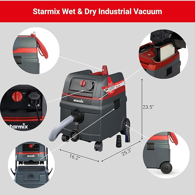 Starmix 1625 "Powerhouse Basic 6.6 Gallons/25L, High Performance Multi-Use Portable Dust Extractor - Wet/Dry - Manual Self-Clean Filter System - HEPA Certified, 103860