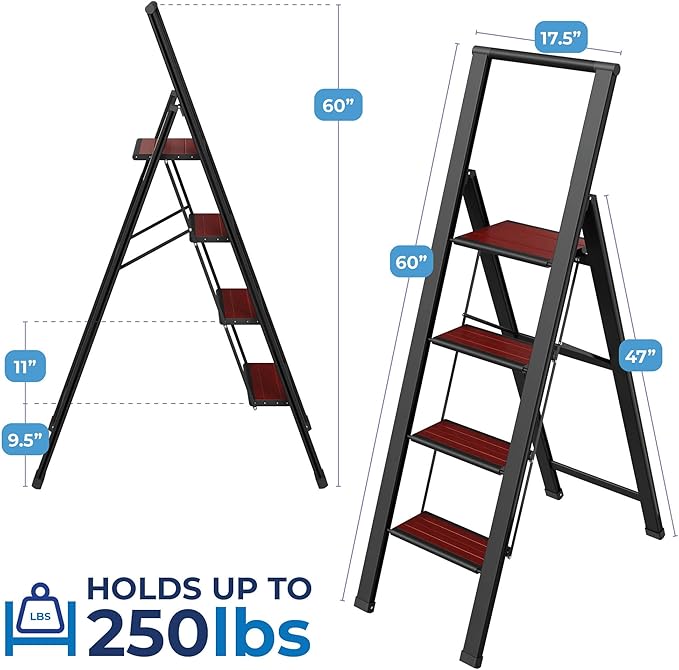 Step Ladder 4 Step Folding, Decorative - Beautiful Mahogany & Black Aluminum, Ultra Slim Profile, Anti Slip Steps, Sturdy-Portable for Home, Office, Kitchen, Photography Use,by SORFEY