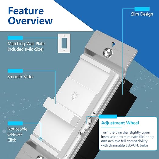 LIDER Dimmer Switch for Dimmable 200W LED/CFL Lights, Single Pole, 120 V, Modern Upgrade, UL Listed, Wall Plate Included, White