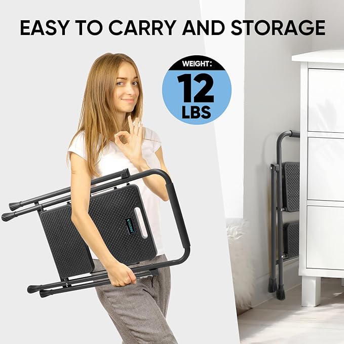 TICONN 2 Step Ladder, Heavy Duty Foldable Step Stool, Portable Steel Folding Stool for Household Garage Storage (Black)