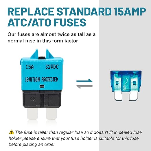 NuIth Manual Reset Mini Fuse Circuit Breakers 15A, E39 Low Profile ATO/ATC Circuit Breaker Blade Fuse 12V-32V DC 15A Re-settable Standard Blade Fuses for Car Truck RV Marine (2PCS-15A)