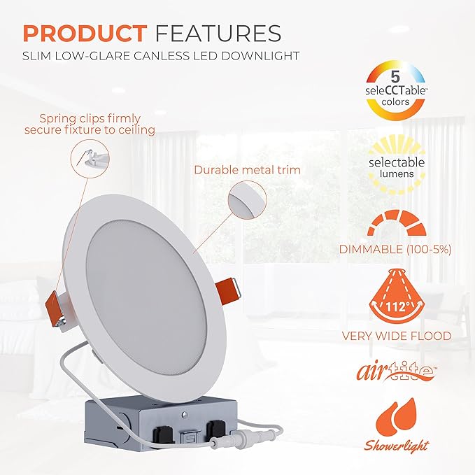 HALO HLB Recessed Lighting 6 Inch LED Canless, Ceiling and Shower Light, Dimmable w/Selectable Lumens and Color Temperatures 4-Pack- HLB6LSFS5-4PK