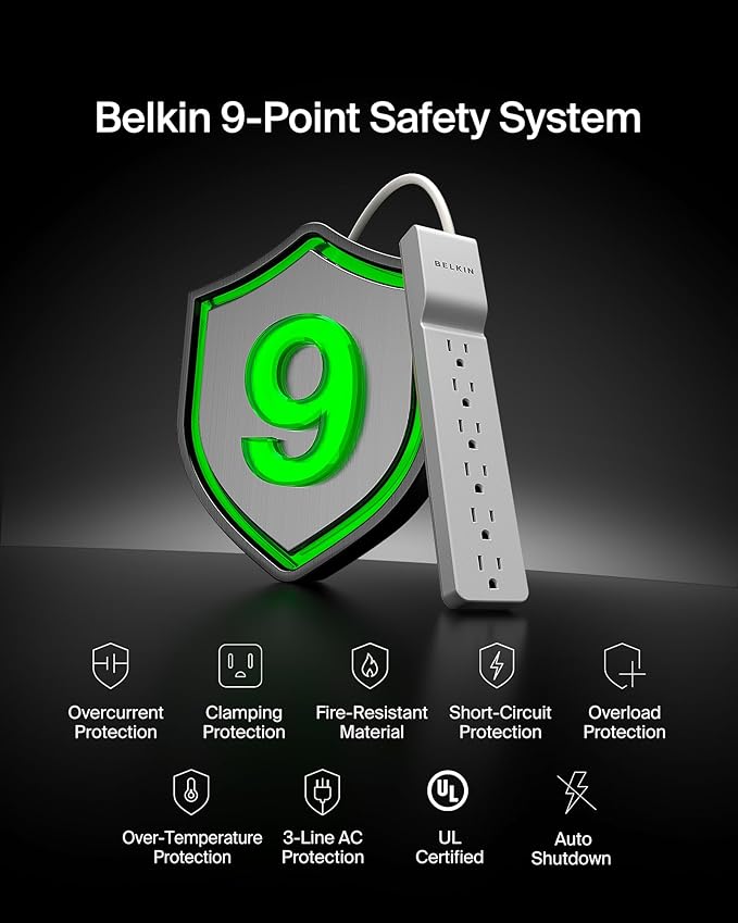 Belkin 6-Outlet Surge Protector Power Strip, 6ft Cord, 360° Rotating Plug - 1080 Joules Protection