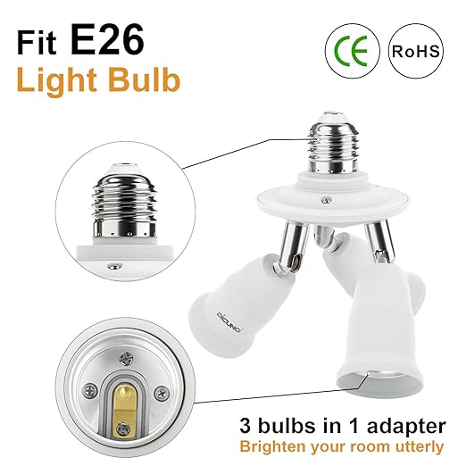 DiCUNO 3 in 1 E26 Light Socket Splitter Adapter, Standard Base LED Bulb Converter, 360 Degrees Adjustable 180 Degree Bendable, 3 Way Bulbs Socket Holder