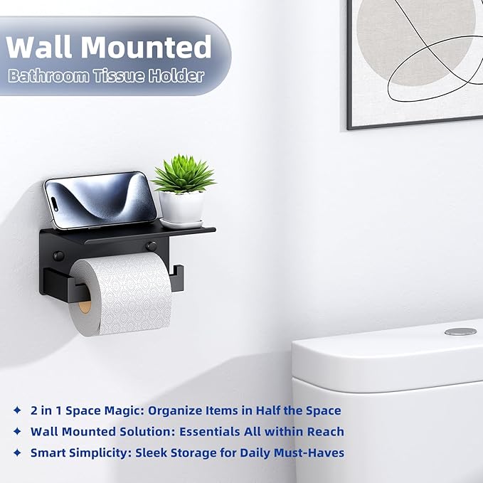 APLusee Toilet Paper Holder with Shelf Matte Black, 304 Stainless Steel Tissue Holder, Wall Mounted
