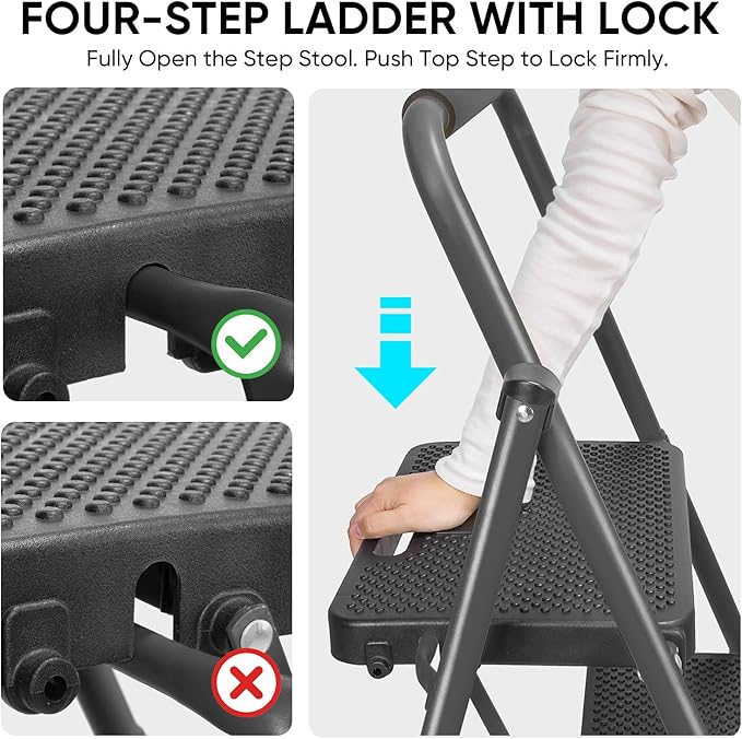 TICONN 4 Step Ladder, Heavy Duty Foldable Step Stool, Portable Steel Folding Stool for Household Garage Storage (Black)