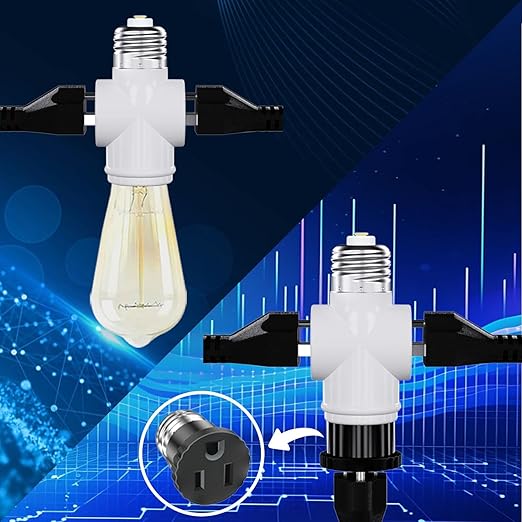 Light Socket Adapter, Convert E26 Light Socket to 3-Prong Outlet Adapter and Light Bulb Socket, 1 Pack(White)