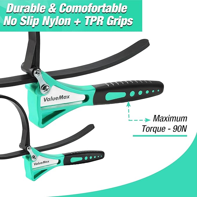 ValueMax 2-piece Strap Wrench Set, Adjustable Oil Filter Wrench with Max Diameter 4" (Small) and 6"(Large) for Shower Head Water Filter, Jar Opener Set, Green