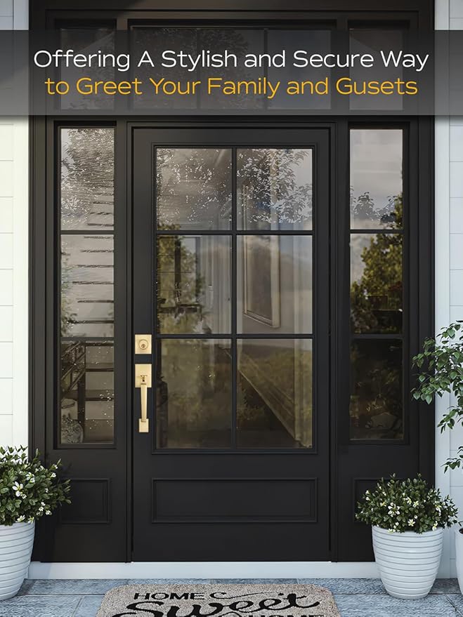 EHOMEWARE Gold Front Door Handle Set, Brass Heavy Duty Square Door Lever & Single Cylinder Deadbolt Combo Reversible for Entrance Exterior Doors 1 Set