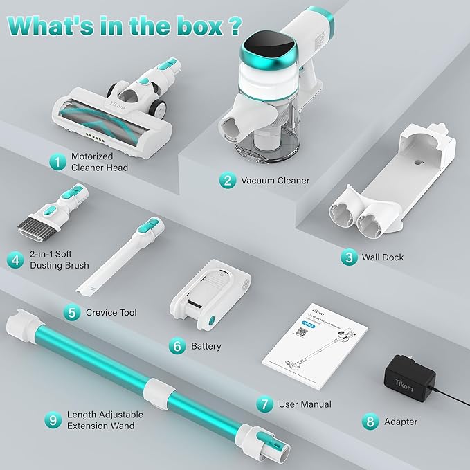 Tikom V500 Cordless Vacuum Cleaner for Home, 40000Pa/450W Stick Vacuum with LED Touch Screen, Charging Wall Dock, Anti-Tangle, Lightweight Handheld Vacuum for Pet Hair, Hard Floor, Carpet, Blue