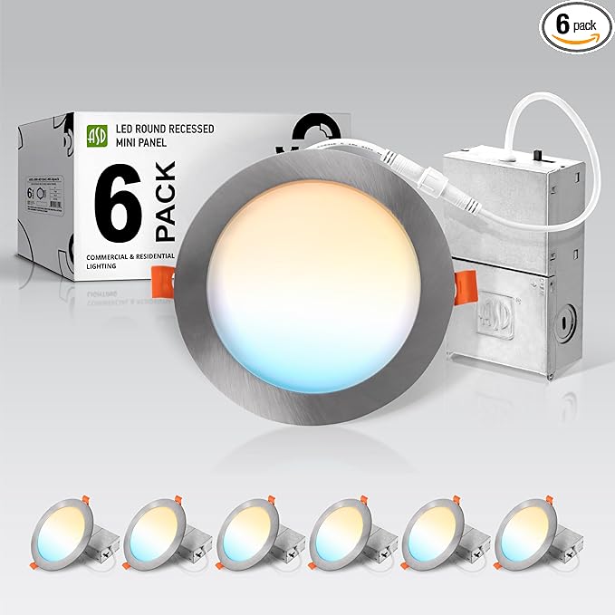 ASD 6 Pack LED Recessed Lighting 6 Inch 15W, 5 CCT 2700K-5000K CRI90+, IC Rated Ultra Thin Dimmable Ceiling Lights with J Box, Canless Wafer Downlight, Round Slim Panel Light, UL Energy Star, Nickel
