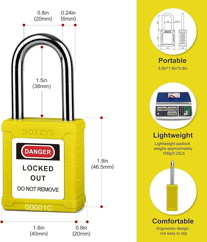 Lockout Tagout Locks 6-Pack|OSHA Yellow Loto Locks Keyed Different|2 Keys/Lock for Industrial Machinery & Electrical Panels|Chrome Steel & Laser Coding