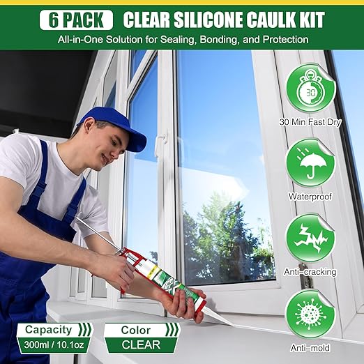 6 Pack Clear Silicone Sealant Caulk, 10.1 oz 100% Waterproof Silicone Sealant Adhesive Clear Caulk Tool for RV Marine Home Window Roof Door Kitchen Bathroom Bathtub Shower Auto Leakproof Seal