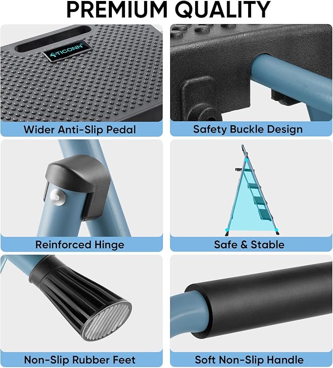 TICONN 4 Step Ladder, Heavy Duty Foldable Step Stool, Portable Steel Folding Stool for Household Garage Storage (Blue)