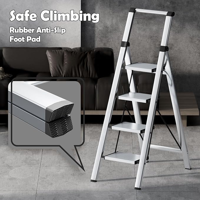 Taranta 4 Step Ladder, Portable Folding Ladder with Wide Pedal, Lightweight Aluminum Step Stool with Convenient Handgrip, 330 lbs Capacity Stepladder for Home, Office - Silver
