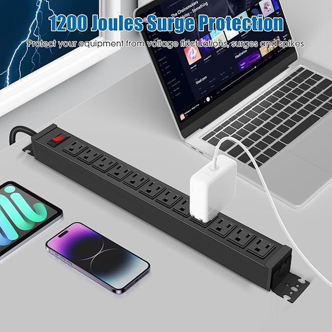 2Pack Rotating Mountable Power Strip, 12 Outlet Wall Mount Surge Protector, Metal Heavy Duty and Versatile Outlet Strip, Stylish Appearance, Sturdy and Durable, 6ft Power Cord.(Black)