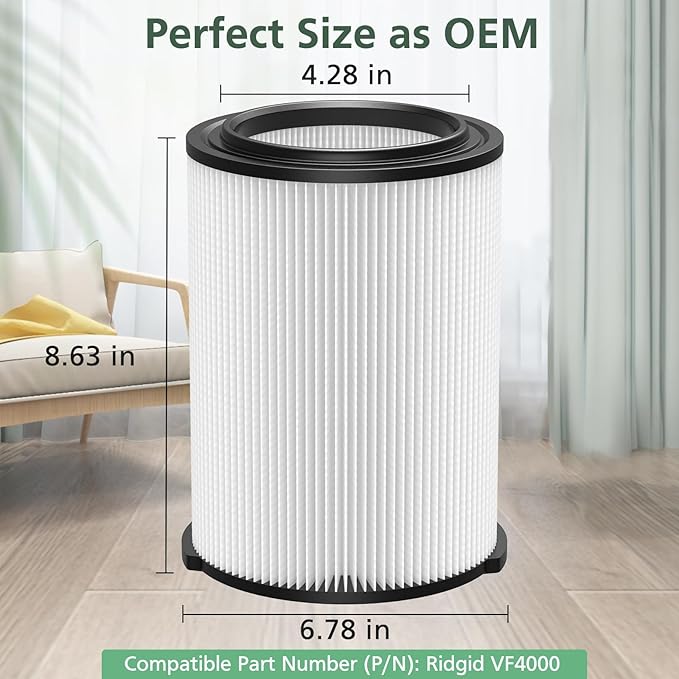 VF4000 Replacement Filter for RIDGID, Standard Wet/Dry Vac Filter Vf4000 Compatible with RIDGID Vacs Wet Dry 5-20 Gal, 6-9 Gal Husky Vacuum & CRAFTSMAN Shop Vacuum 17816 9-17816