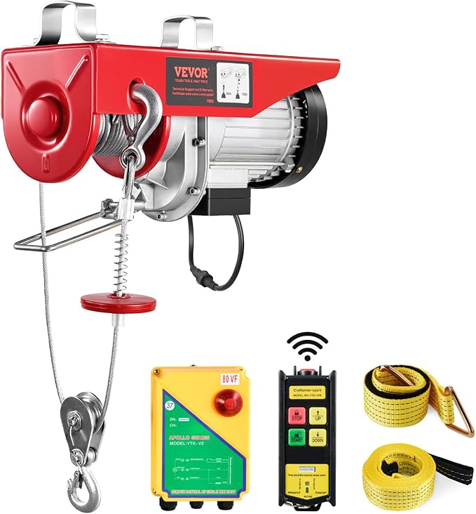 VEVOR Electric Hoist, 1760 lbs 120V Electric Winch with 328 ft Wireless Remote Control, 40 ft Single Cable Lifting Height, Single/Double Slings, Emergency Stop, Lift Hoist for Garage Warehouse Factory