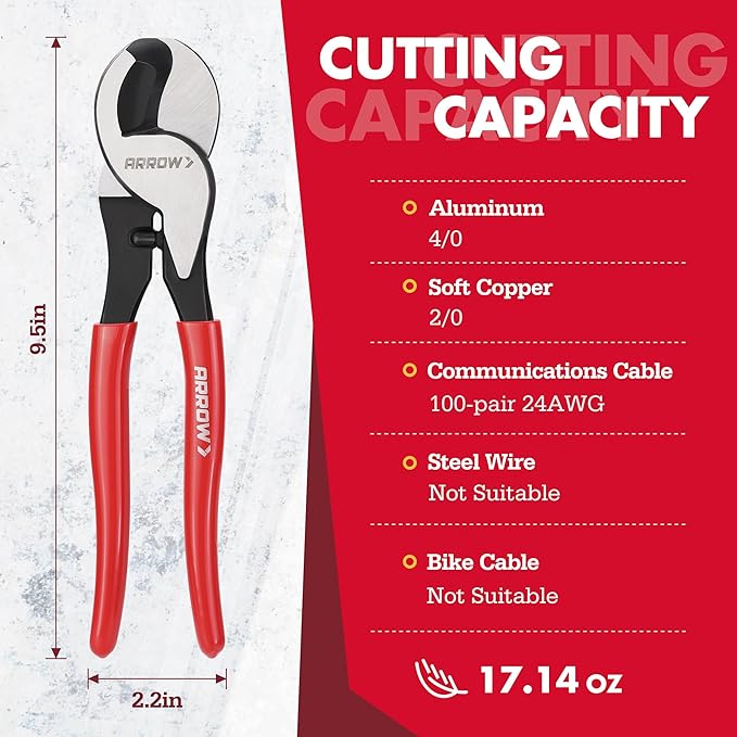 ARROW 9.5” Cable Cutter High Leverage, Wire Cutters Heavy Duty with Thick Dip-Grip Handle, CR-V Steel, Cutter Tool for 4/0 Aluminum, 2/0 Soft Wire, and 100PR 24AWG Communications Cable