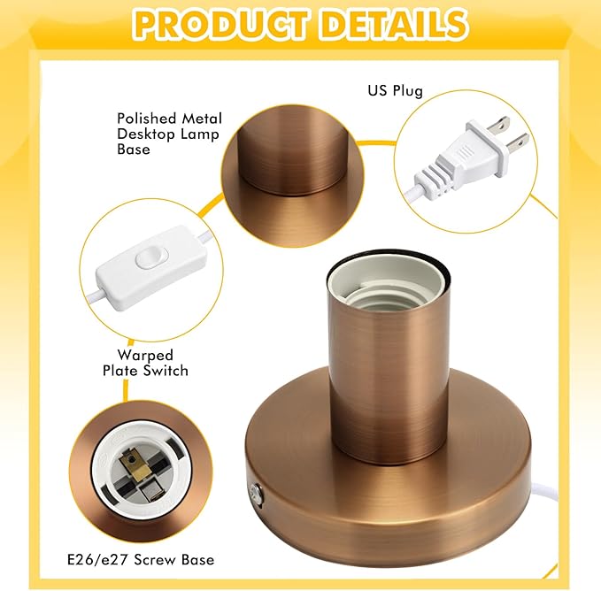 Tuanse 2 Pcs Polished Metal Desktop Lamp Base E26 E27 Screw Light Bulb Holder Sockets Night Light Base Lamp Replacement for Holding Bulb 6 Feet Cord on Off Switch Plug (Copper,Aluminum)