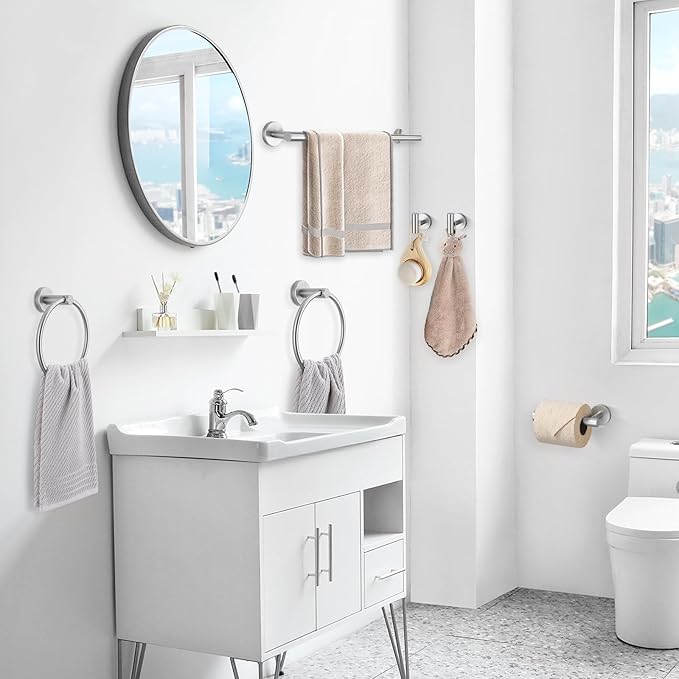 TQKAG Brushed Nickel Bathroom Hardware Set 6-Piece Bathroom Accessory Set 23.6 Inch Round Stainless Steel Towel Bar Set Wall Mounted