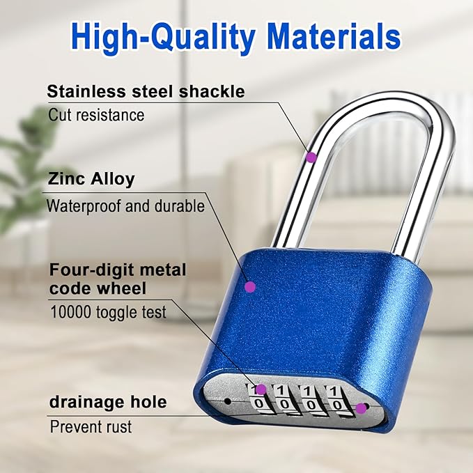 Combination Lock, 4-Digit Heavy Duty Combo Lock, Combination Padlock Weather-Resistant Heavy Duty Combo Locks for Outdoor Fence, Locker, Sheds, Gym, Gate Hasps (Long Shackle) (2pcs-Blue)