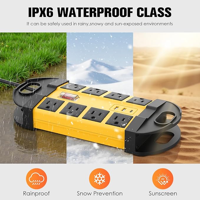 HHSOET Outdoor Weatherproof 8 Outlet Power Strip, IPX6 Waterproof Surge Protector, 2 USB-A 1 USB-C Ports, 6 FT Extension Cord for Outdoor Patio Garden Porch Garage