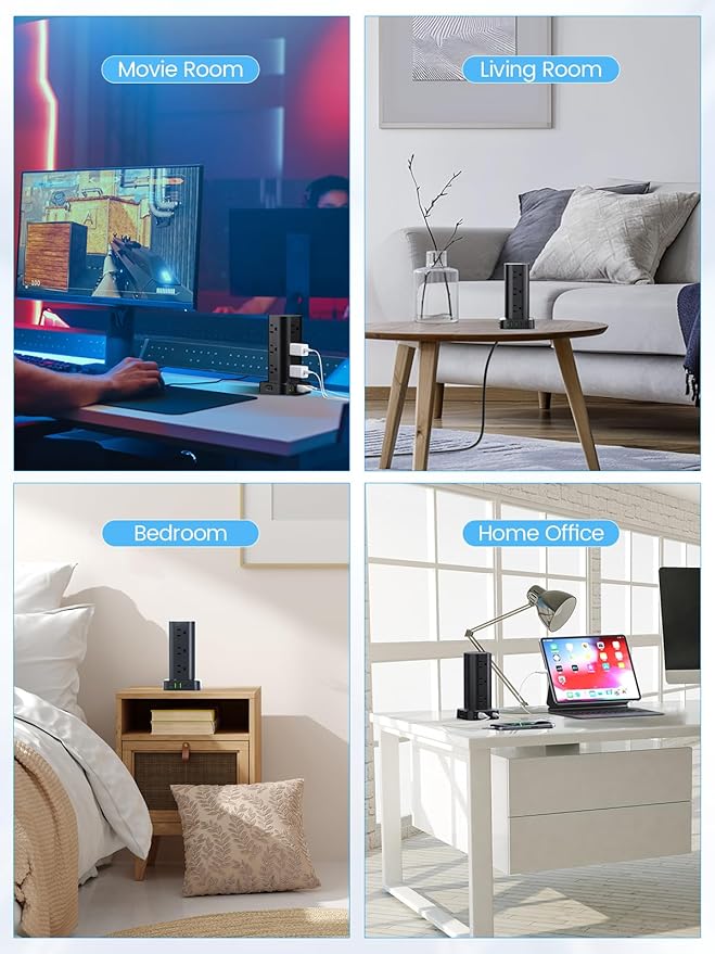 Tower Power Strip with 15W Wireless Charger, 10FT Flat Plug Extension Cord with Multiple Outlets, 12 AC Outlets, 4 USB Ports (2 USB C) Charging Station Surge Protector for Office Home Dorm Room(Black)